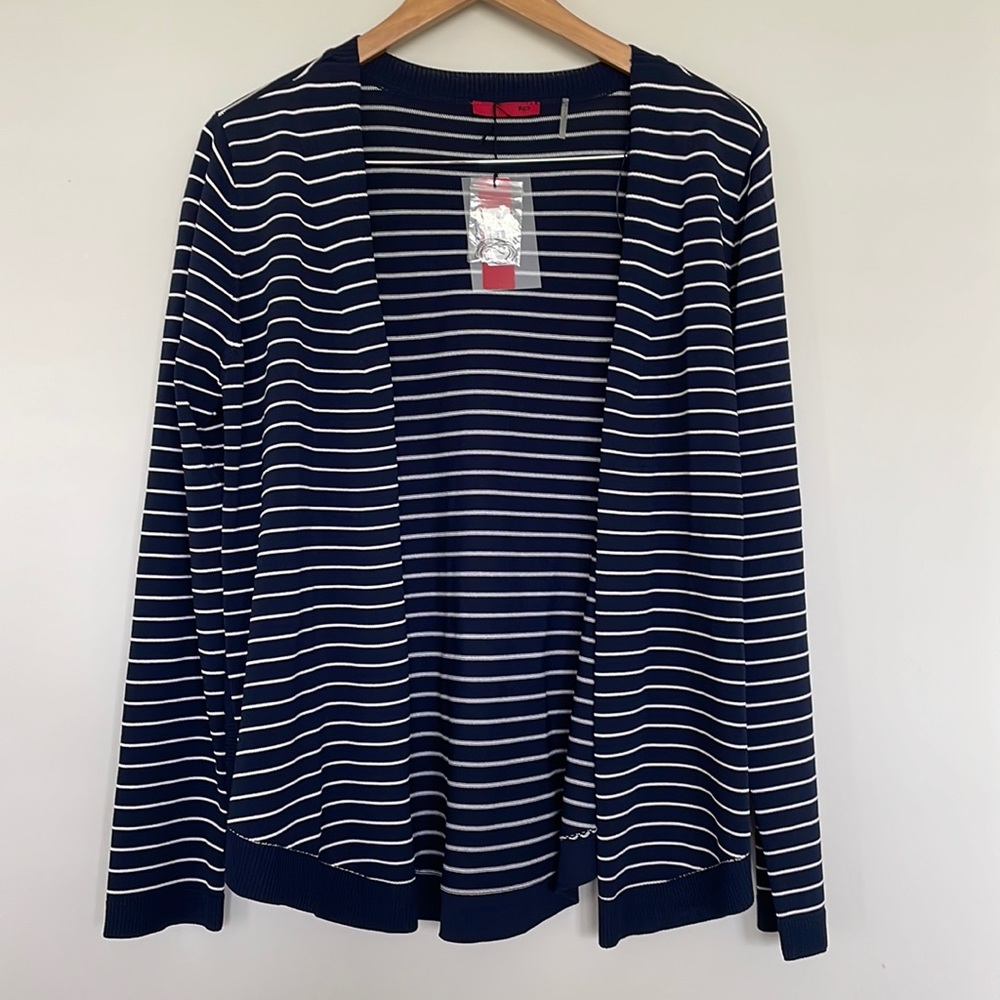 Red Open Front Cardigan Navy Blue White Stripe Sz L